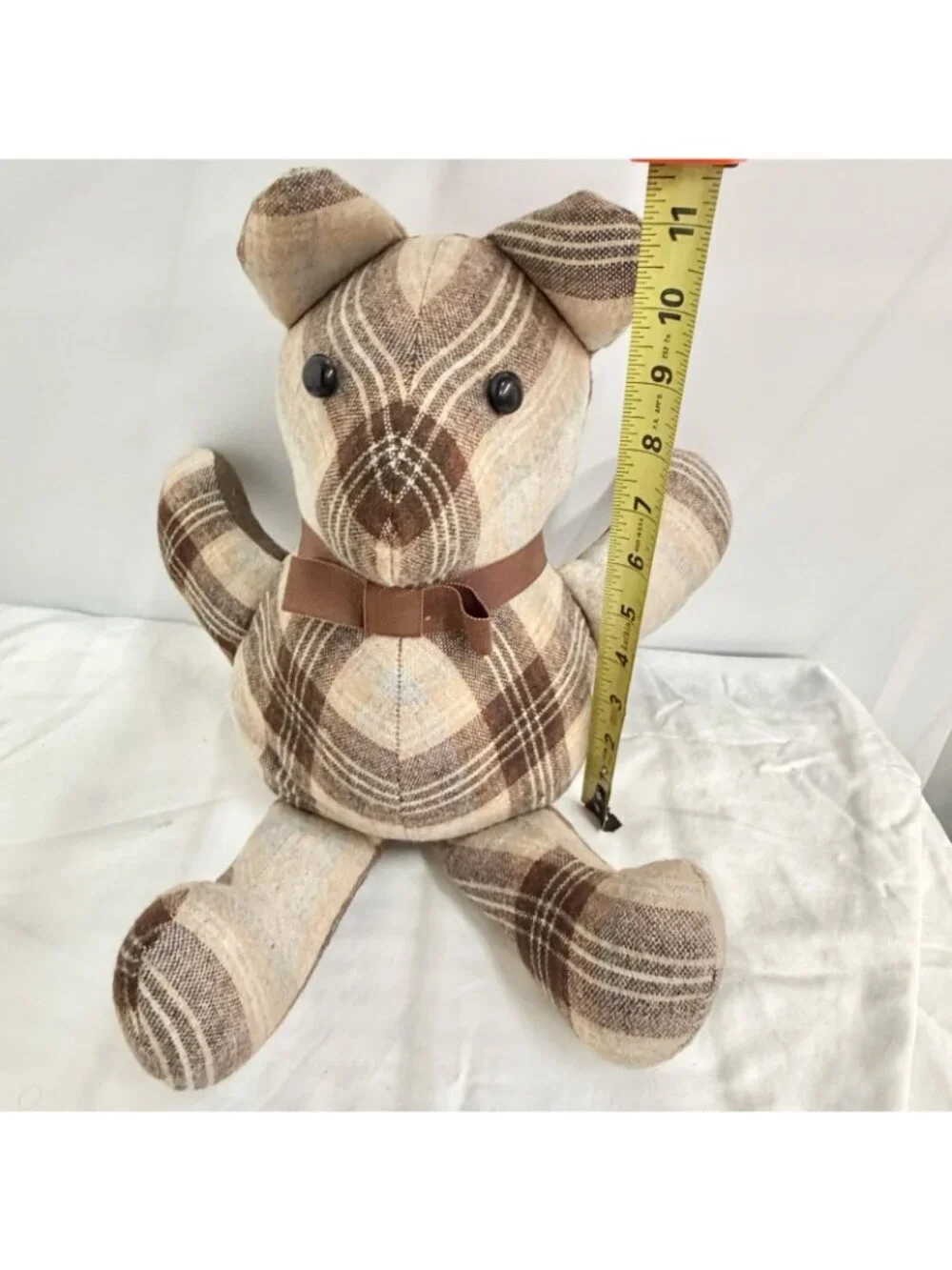 Vintage Handmade Patchwork Plaid Plush Stuffed Animal Teddy Bear Ribbon Bow Toy
